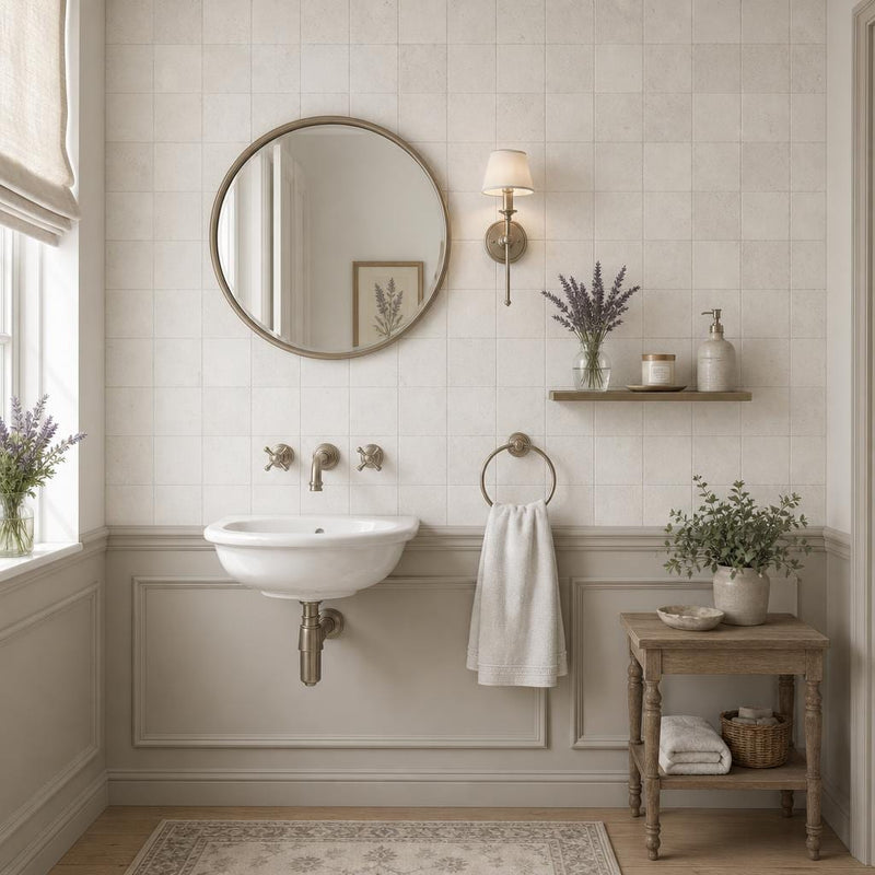 Freska 4x4 Tumbled Limestone Tile — Powder Room wall