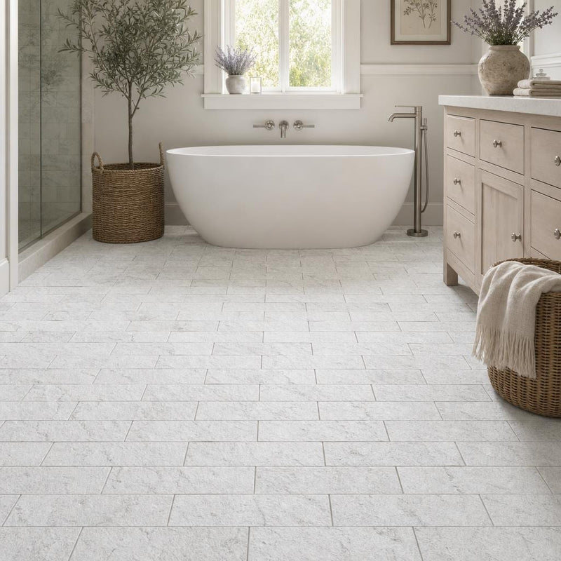 Freska 6x24 Combo White Limestone Splitface LedPanel tile — Bathroom floor