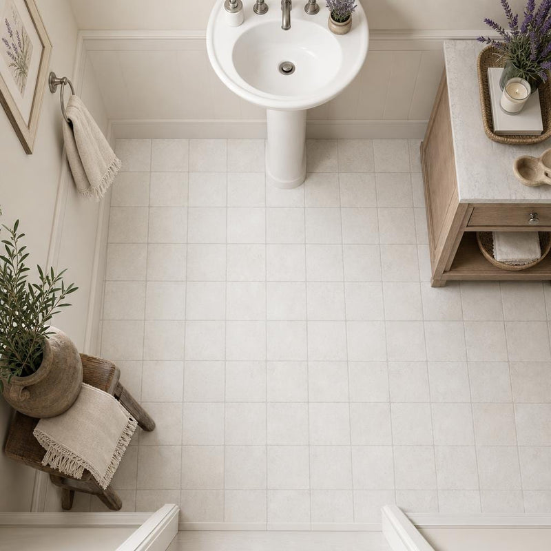 Freska 6x6 Tumbled Limestone Tile — Powder Room floor