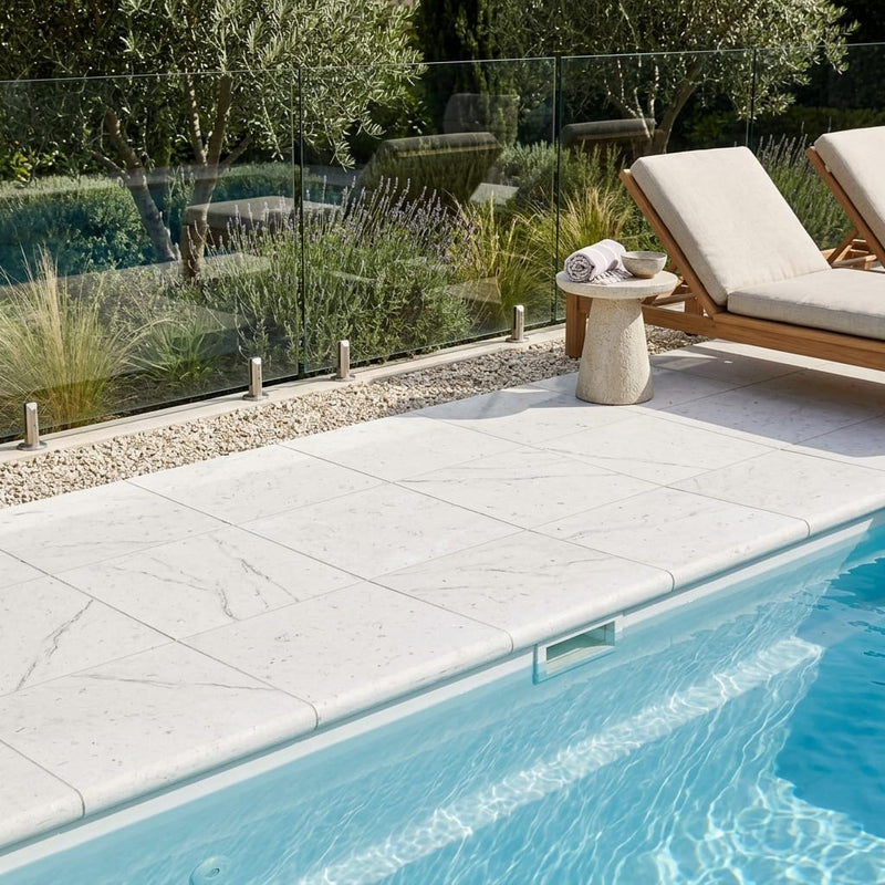 Freska Limestone Coping 12x12 Tumbled Bullnose 1.25 inch pool coping — Swimming Pool pool edge drop-face coping