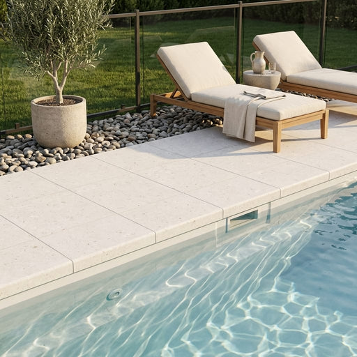Freska Limestone Coping 12x12 Tumbled Bullnose Neutral Tan 2 inch pool coping — Swimming Pool pool edge drop-face coping