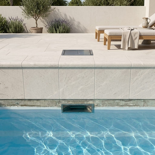 Freska Limestone Coping 12x12 Tumbled Bullnose Neutral Tan 2 inch pool coping — Swimming Pool remodel pool edge
