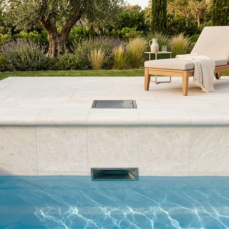 Freska Limestone Coping 12x12 Unfilled, Honed Bullnose 2 inch pool coping — Swimming Pool remodel pool edge