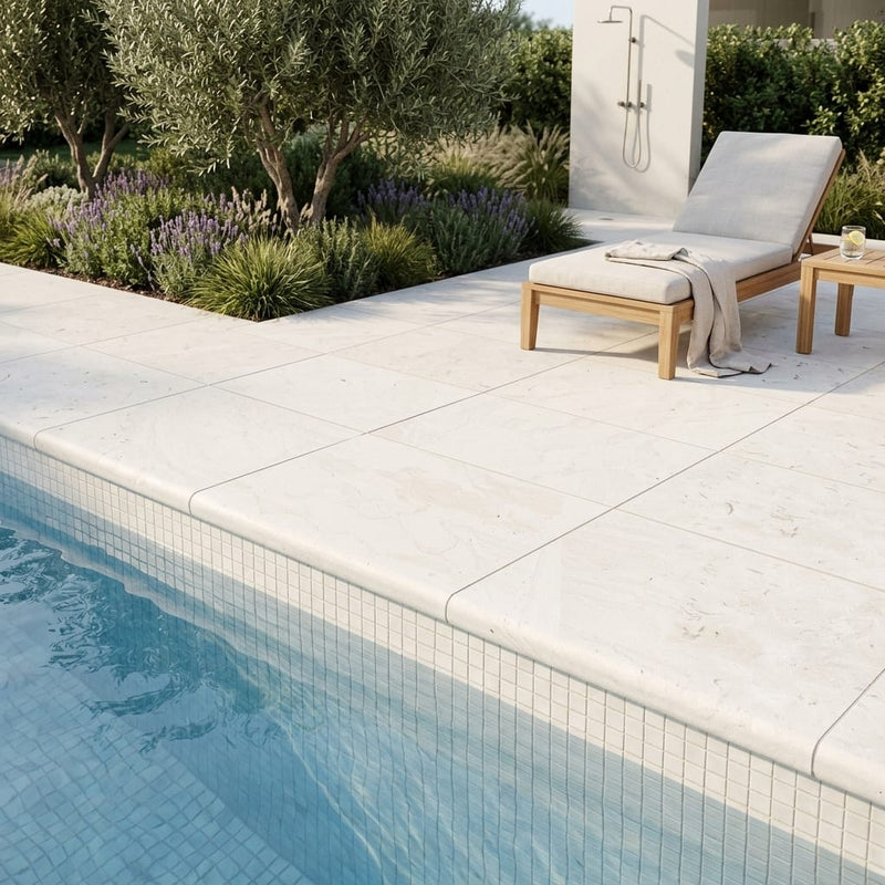 Freska Limestone Coping 12x18 Tumbled Double Bullnose 1.25 inch 16x24 pool coping — Swimming Pool pool edge drop-face coping