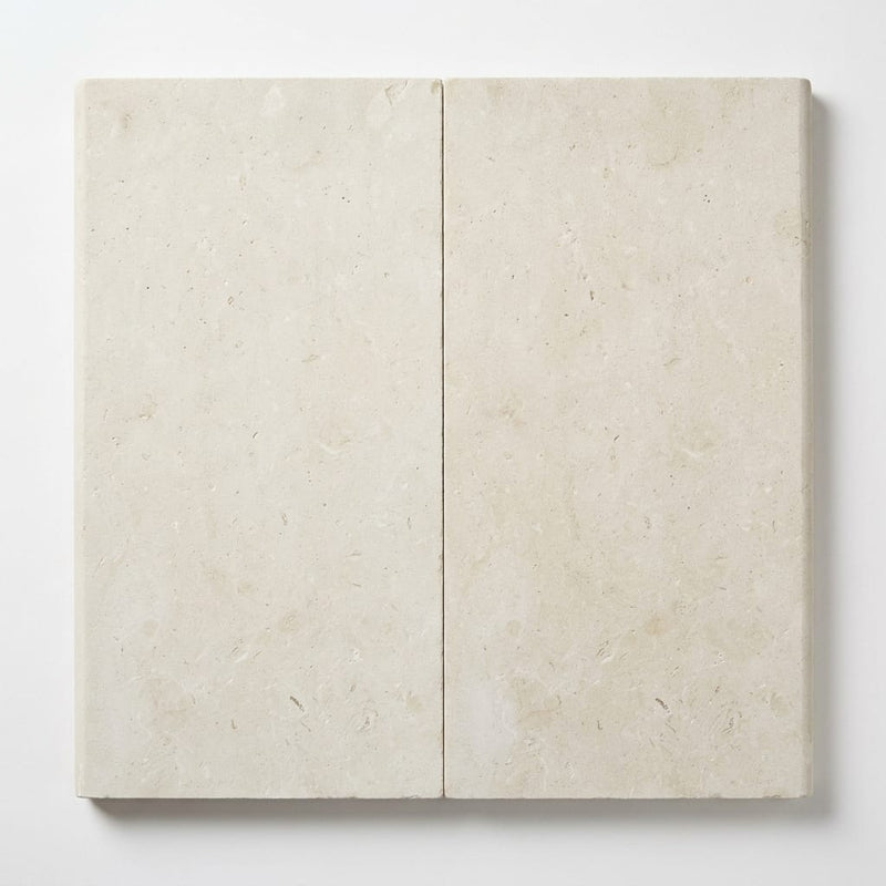 Freska Limestone Coping 12x24 Tumbled Bullnose, Beige 1.25 inch close-up