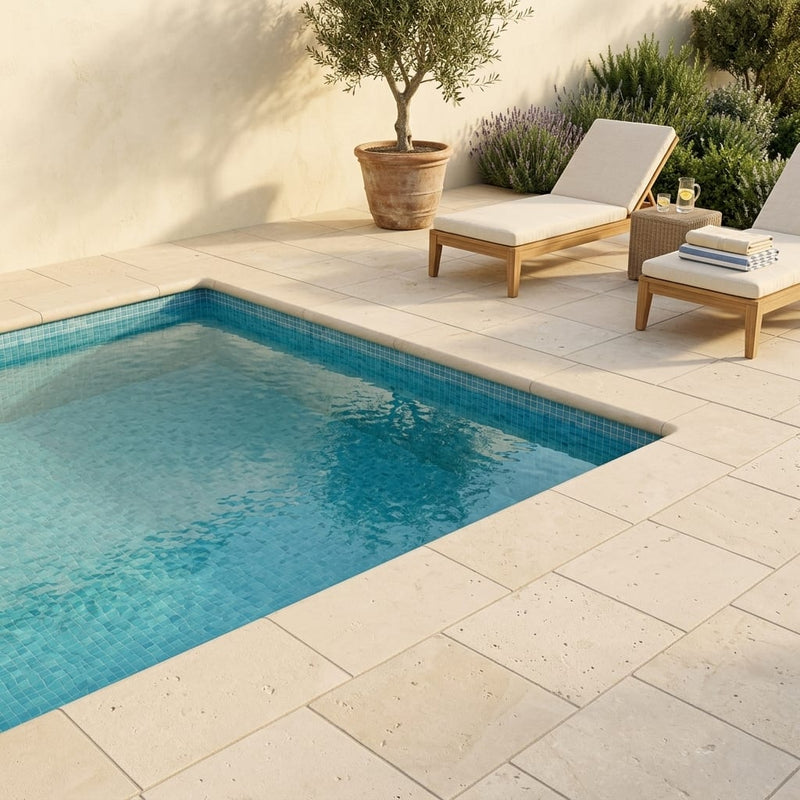 Freska Limestone Coping 12x24 Tumbled Bullnose, Beige 1.25 inch pool coping — Swimming Pool pool edge drop-face coping