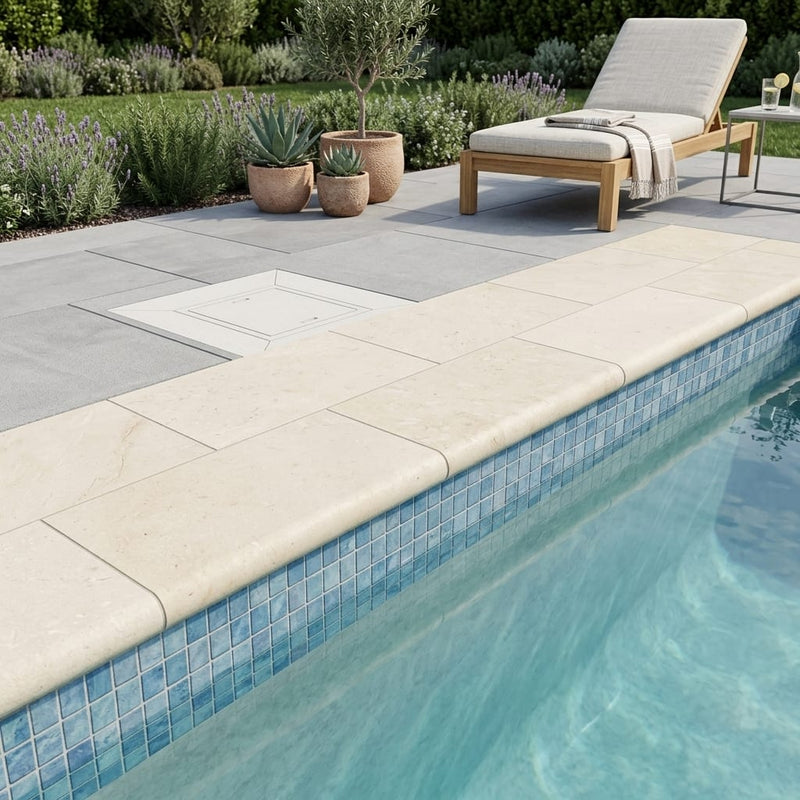 Freska Limestone Coping 12x24 Tumbled Bullnose, Beige 1.25 inch pool coping — Swimming Pool remodel pool edge