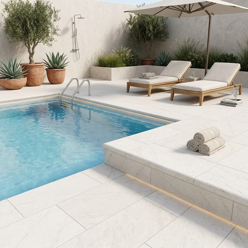 Freska Limestone Coping 12x24 Tumbled Bullnose 2 inch pool coping — Swimming Pool pool edge drop-face coping