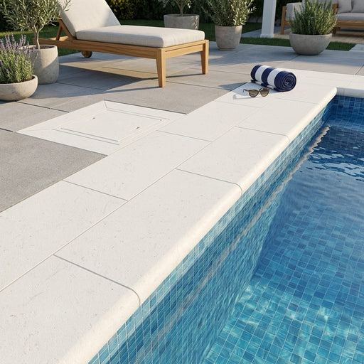 Freska Limestone Coping Tile - Tumbled Bullnose, 12x24 inch pool coping — Swimming Pool remodel pool edge