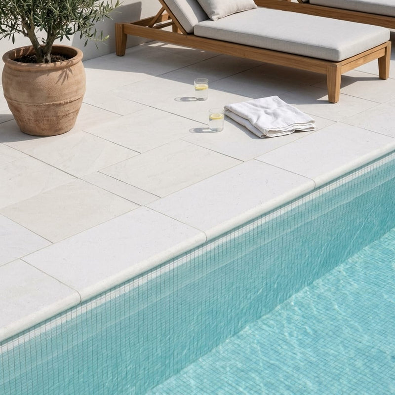 Freska Limestone Coping 16x24 Tumbled Bullnose 2 inch pool coping — Swimming Pool pool edge drop-face coping