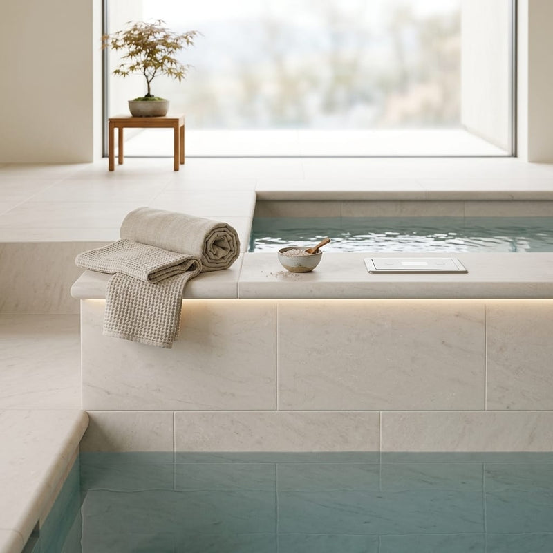 Freska Limestone Coping 6x12 Tumbled Bullnose 2 inch pool coping — Spa spa overhang edge