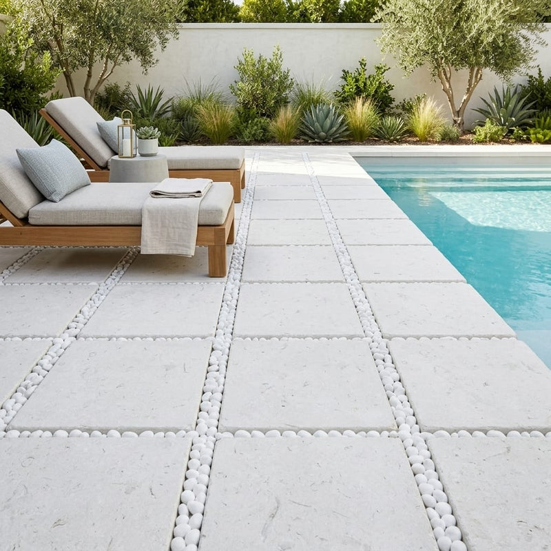 Freska Limestone Paver 16x16 Tumbled 1.25 inch — Backyard pool deck