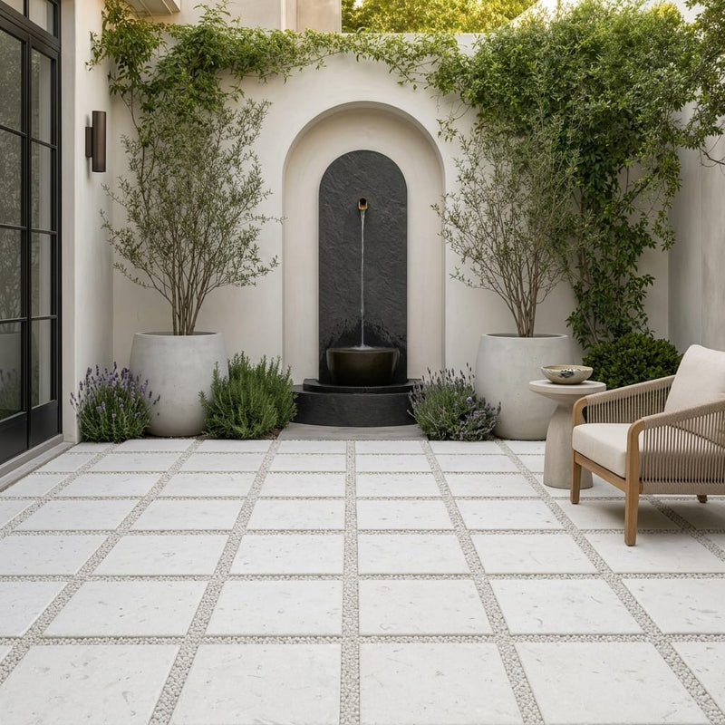 Freska Limestone Paver 16x16 Tumbled 1.25 inch — Courtyard paving