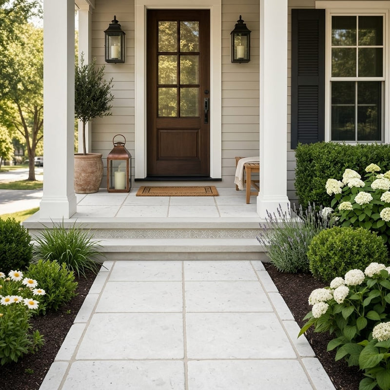 Freska Limestone Paver 16x16 Tumbled 1.25 inch — Front Yard front porch