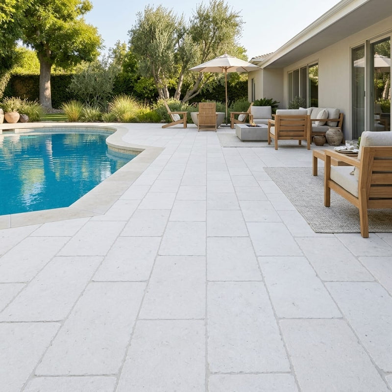 Freska Limestone Paver 16x24 Tumbled 2 inch — Backyard pool deck
