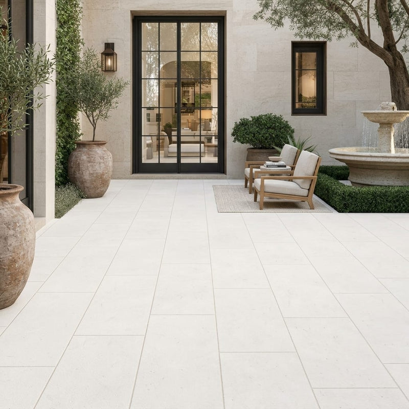 Freska Limestone Paver 16x30 Brushed 2 inch 18x36 — Courtyard paving