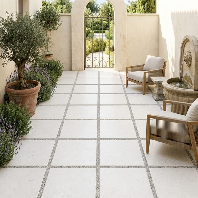 Freska Limestone Paver 24x24 Tumbled 1.25 inch — Courtyard paving