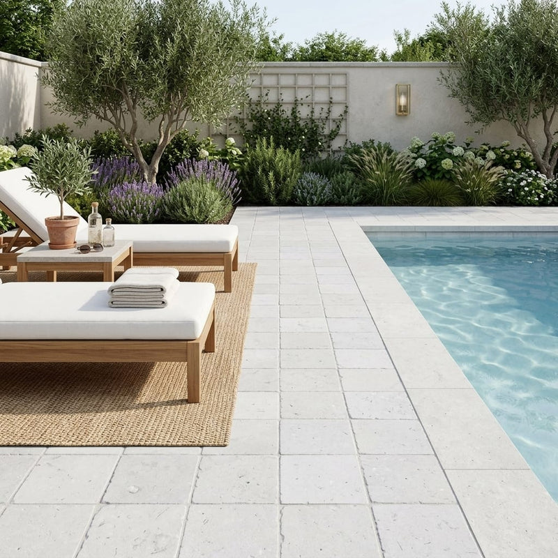 Freska Limestone Paver 6x6 Tumbled 1.25 inch — Backyard pool deck