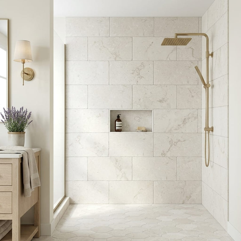 Freska Limestone Tile 12x24 Tumbled — Bathroom shower wall