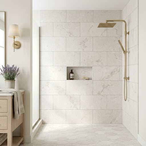 Freska Limestone Tile 12x24 Tumbled — Bathroom shower wall