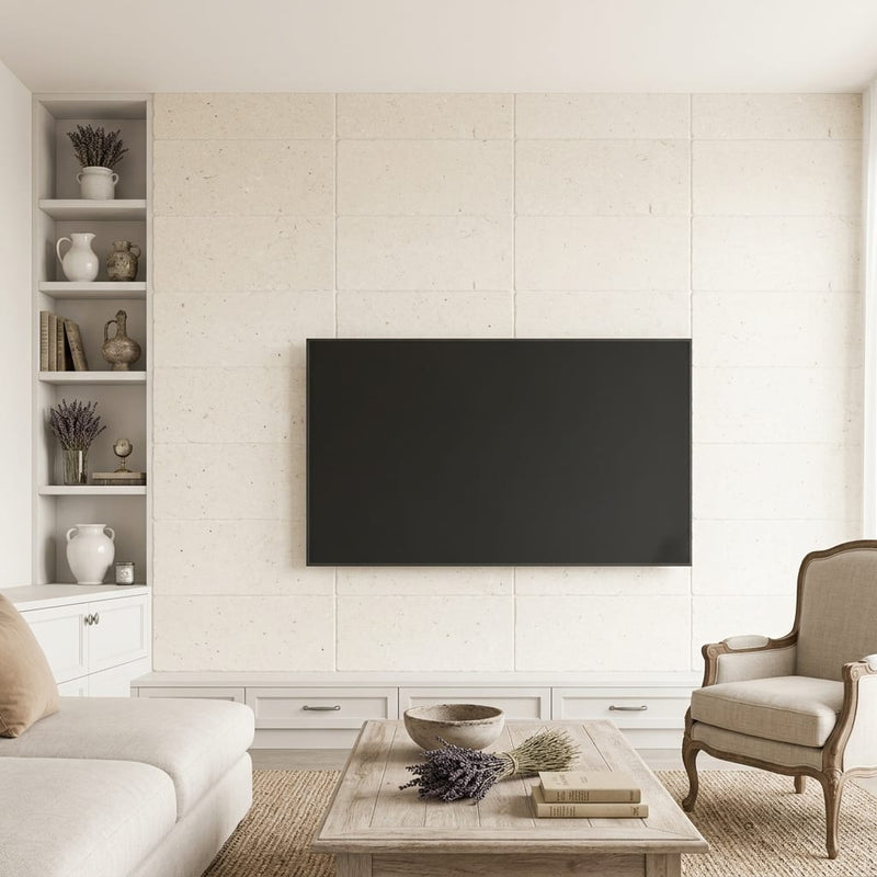 Freska Limestone Tile 12x24 Tumbled — Living Room feature wall