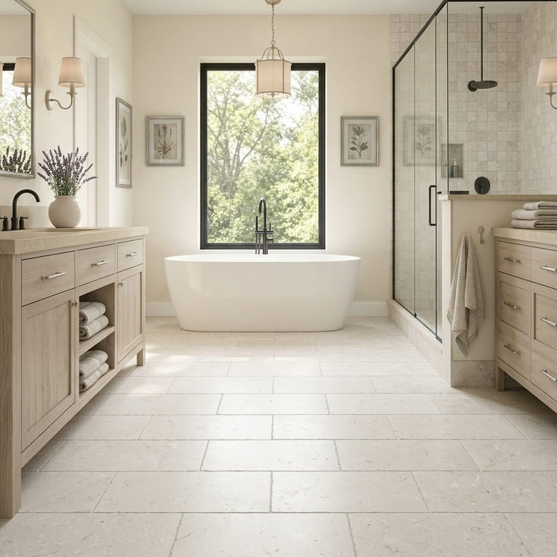 Freska Limestone Tile 12x24 Tumbled — Primary Bath floor