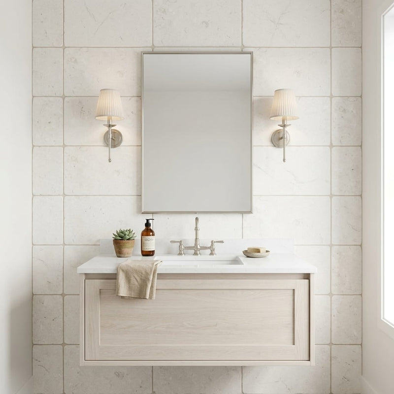 Freska Limestone Tile 16x24 Tumbled — Bathroom vanity wall