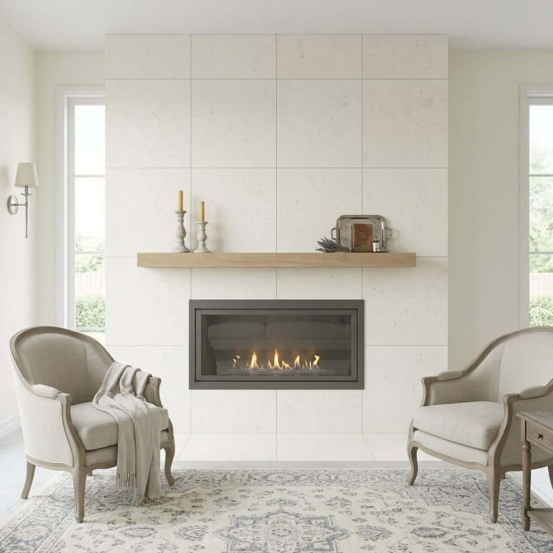 Freska Limestone Tile 24x24 Honed — Living Room fireplace surround