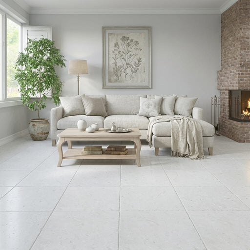 Freska Limestone Tile 24x24 Tumbled — Living Room floor