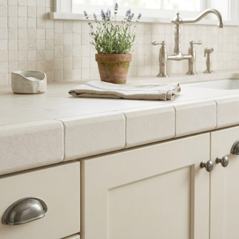 Freska Limestone Tile 3x6 Tumbled — Kitchen countertop edge