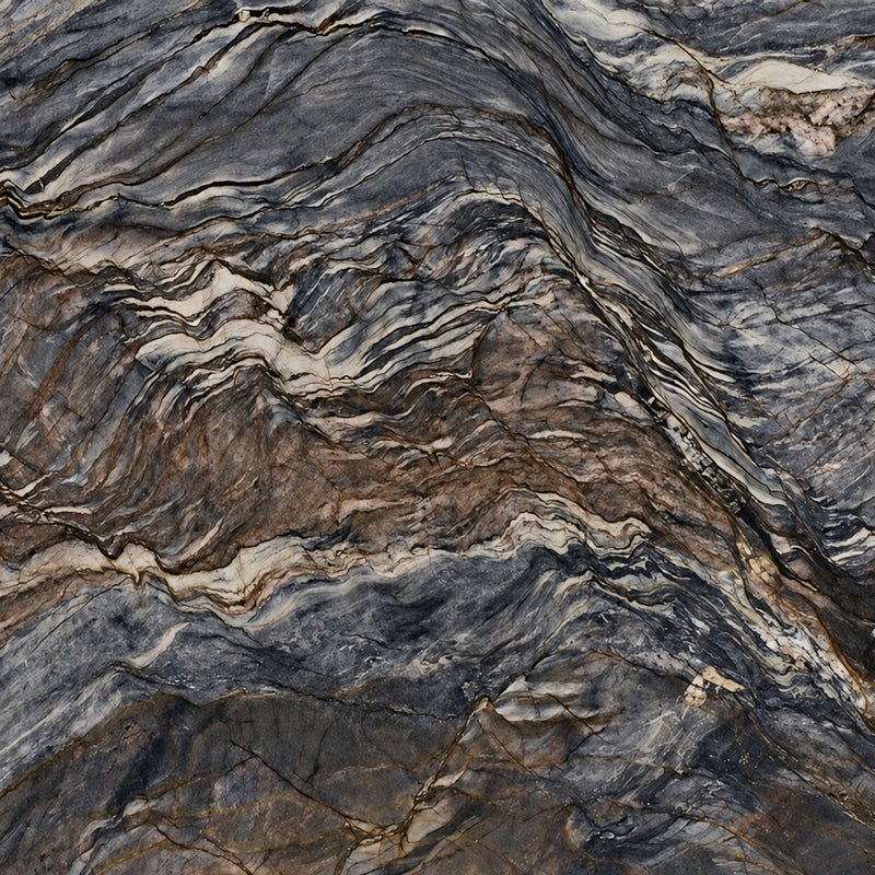 Fusion 3cm polished quartzite with flowing charcoal, cream and brown mineral veins.