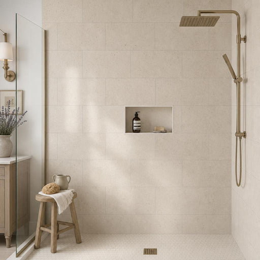 Gascogne Beige 12x24 Honed Limestone Tile — Bathroom shower wall