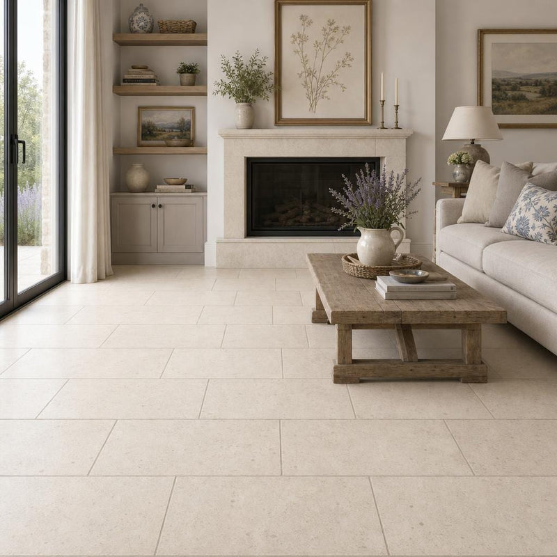 Gascogne Beige 12x24 Honed Limestone Tile — Living Room floor