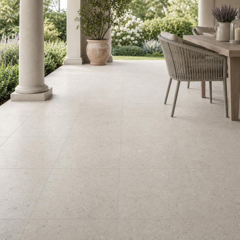 Gascogne Beige 18x18 Honed Natural Limestone Tile — Covered Patio floor