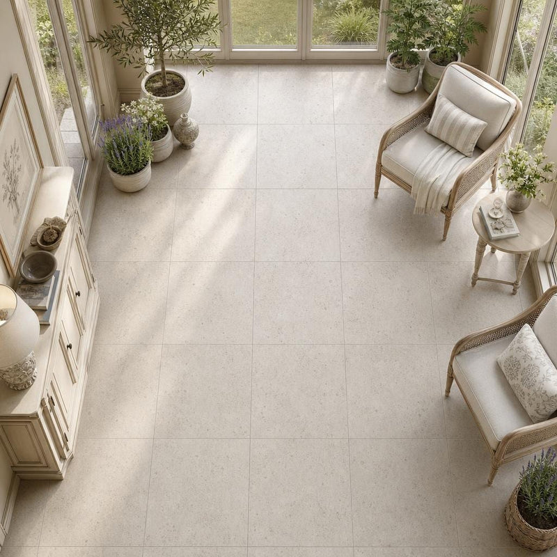 Gascogne Beige 18x18 Honed Natural Limestone Tile — Sunroom floor