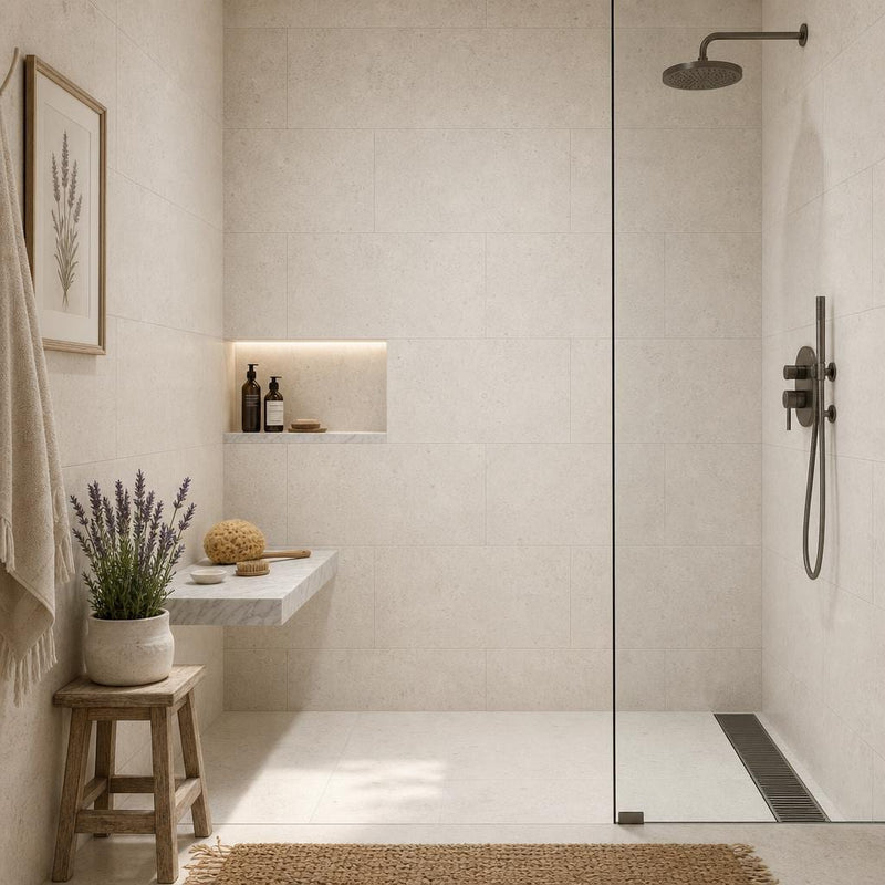 Gascogne Beige 18x36 Brushed Natural Limestone Tile — Bathroom shower wall