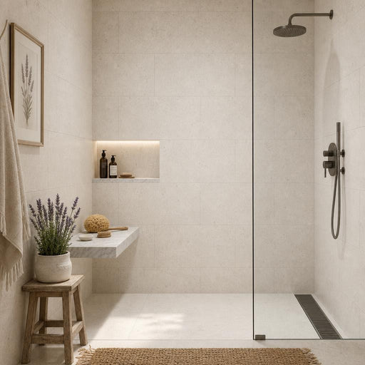 Gascogne Beige 18x36 Brushed Natural Limestone Tile — Bathroom shower wall
