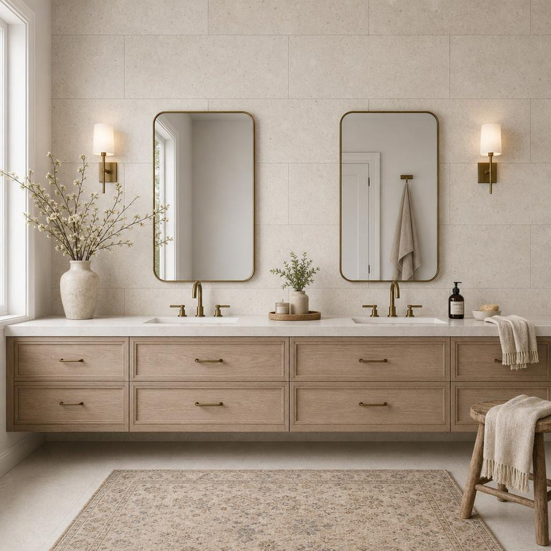 Gascogne Beige 18x36 Brushed Natural Limestone Tile — Bathroom vanity wall