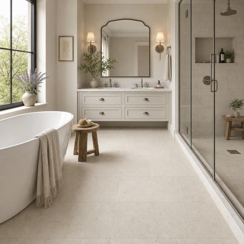Gascogne Beige 18x36 Brushed Natural Limestone Tile — Primary Bath floor