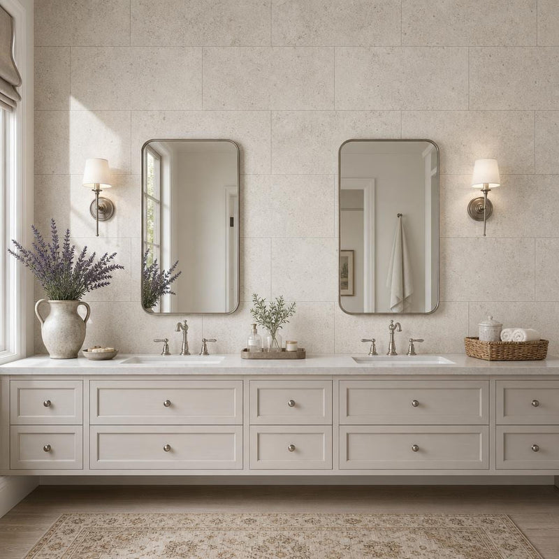 Gascogne Beige 18x36 Honed Natural Limestone Tile — Bathroom vanity wall