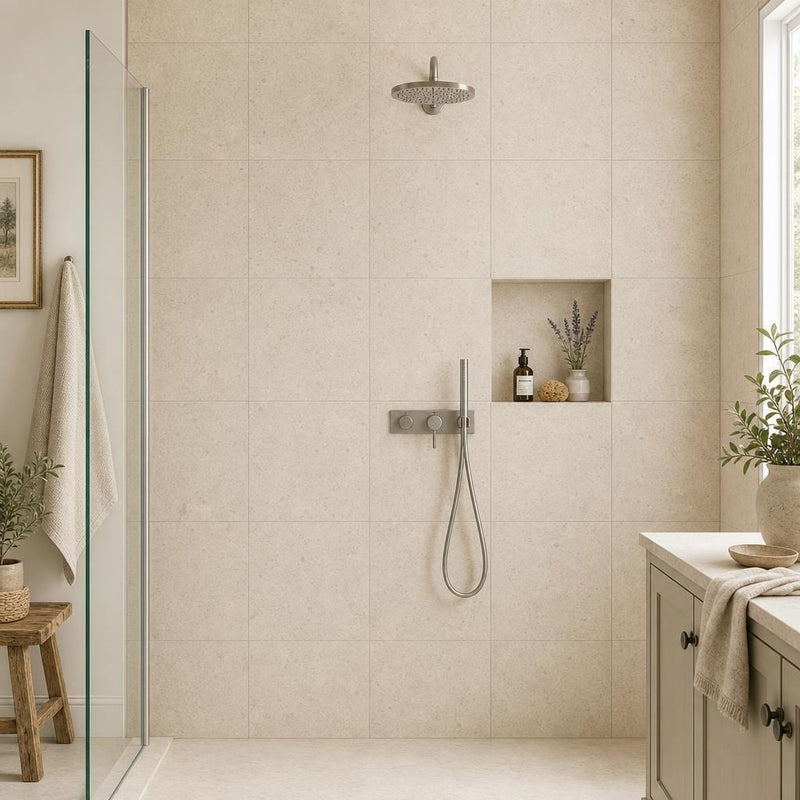 Gascogne Beige 24x24 Honed Limestone Tile — Bathroom shower wall