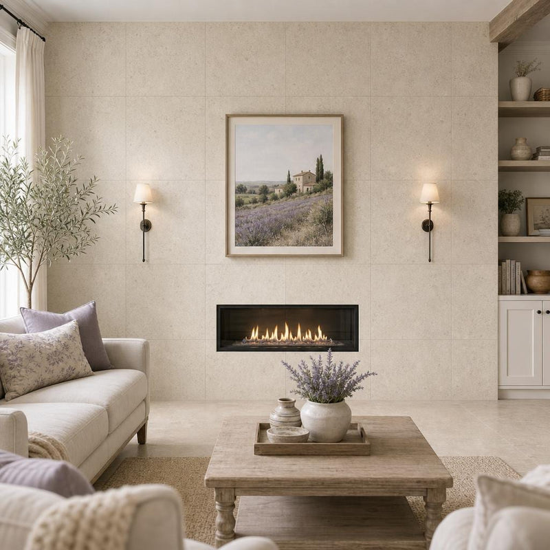 Gascogne Beige 24x24 Honed Limestone Tile — Living Room feature wall