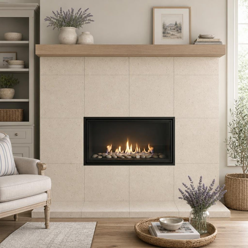 Gascogne Beige 24x24 Honed Limestone Tile — Living Room fireplace surround
