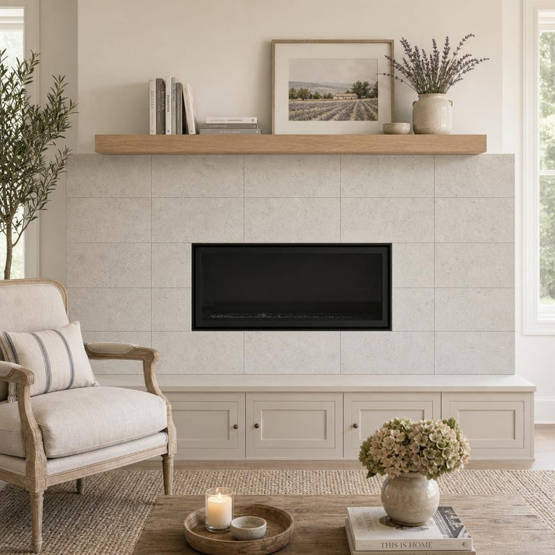 Gascogne Blue 12x24 Honed Limestone Tile — Living Room fireplace surround