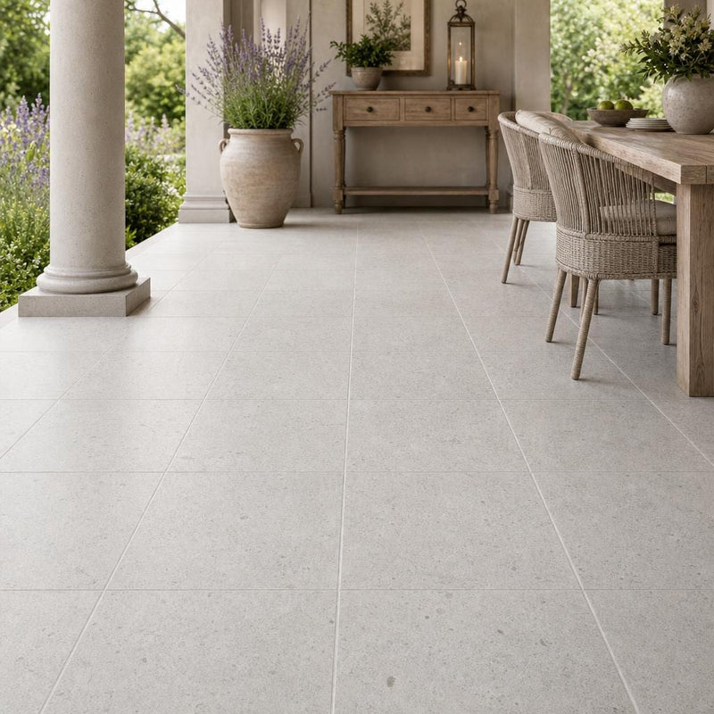 Gascogne Blue 18x18 Honed Limestone Tile — Covered Patio floor
