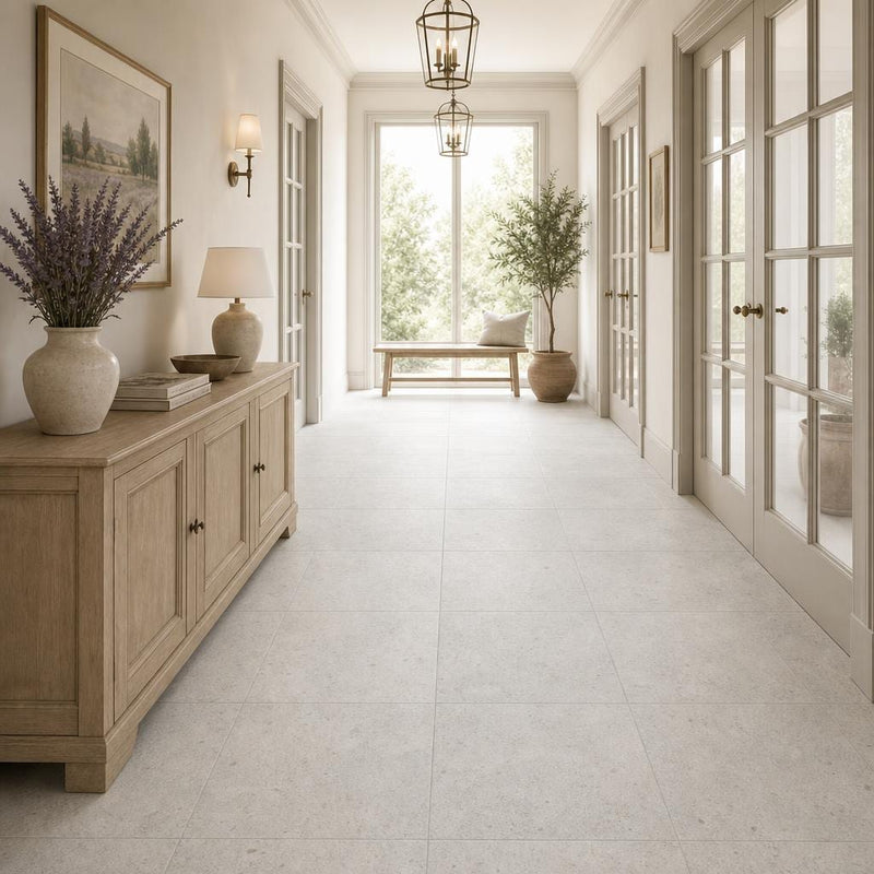 Gascogne Blue 18x18 Honed Limestone Tile — Hallway floor