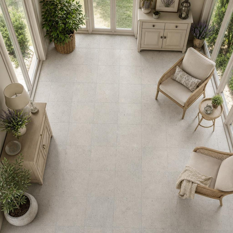 Gascogne Blue 18x18 Honed Limestone Tile — Sunroom floor