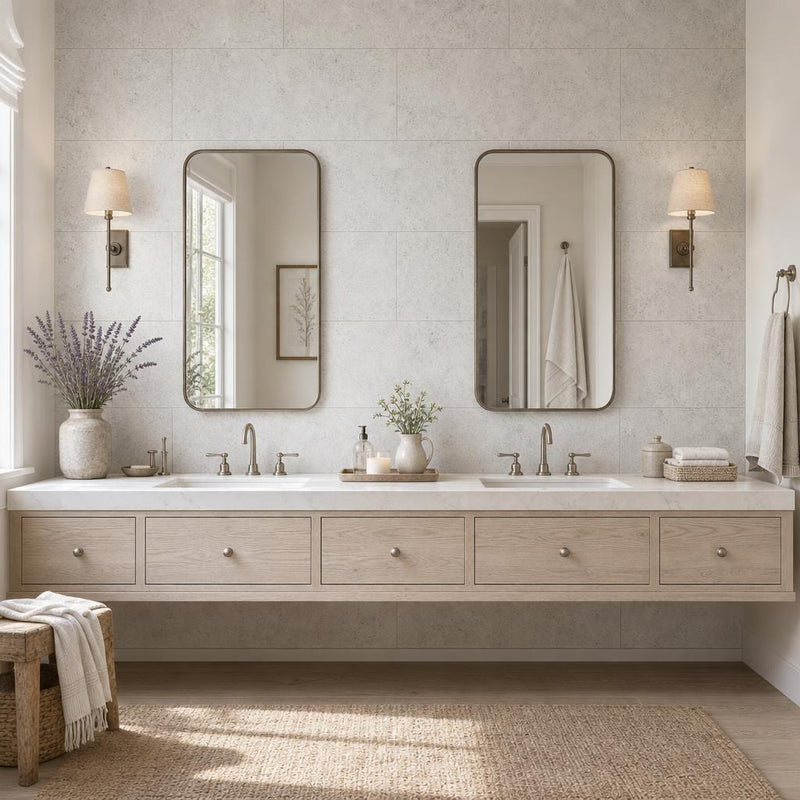 Gascogne Blue 18x36 Honed Limestone Tile — Bathroom vanity wall