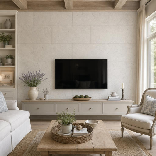Gascogne Blue 18x36 Honed Limestone Tile — Living Room feature wall