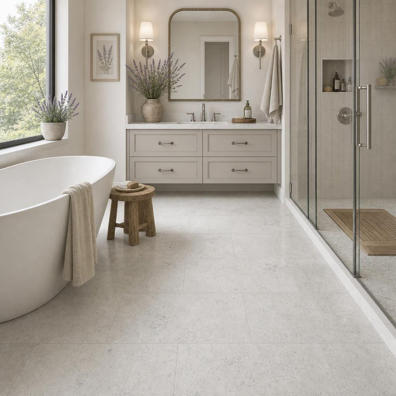 Gascogne Blue 18x36 Honed Limestone Tile — Primary Bath floor